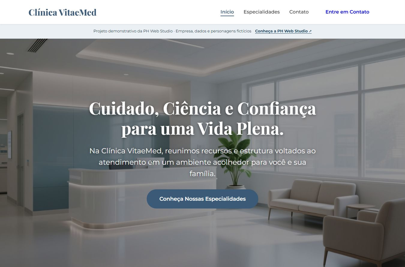 Homepage do projeto demonstrativo da Clínica VitaeMed em desktop