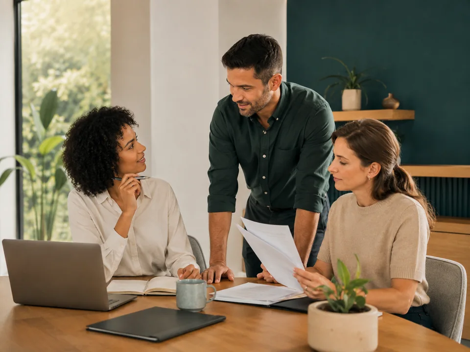 Pequena equipe conversando e analisando documentos em um escritório